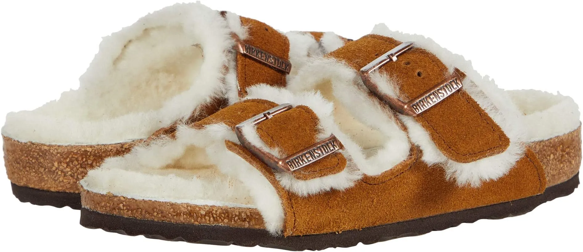 Arizona Shearling Birkenstock Flat Sandal in Mink/Natural