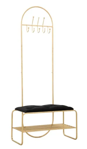 Black Golden Velvet & Metal Bench with Coat hanger & Shoe Shelf