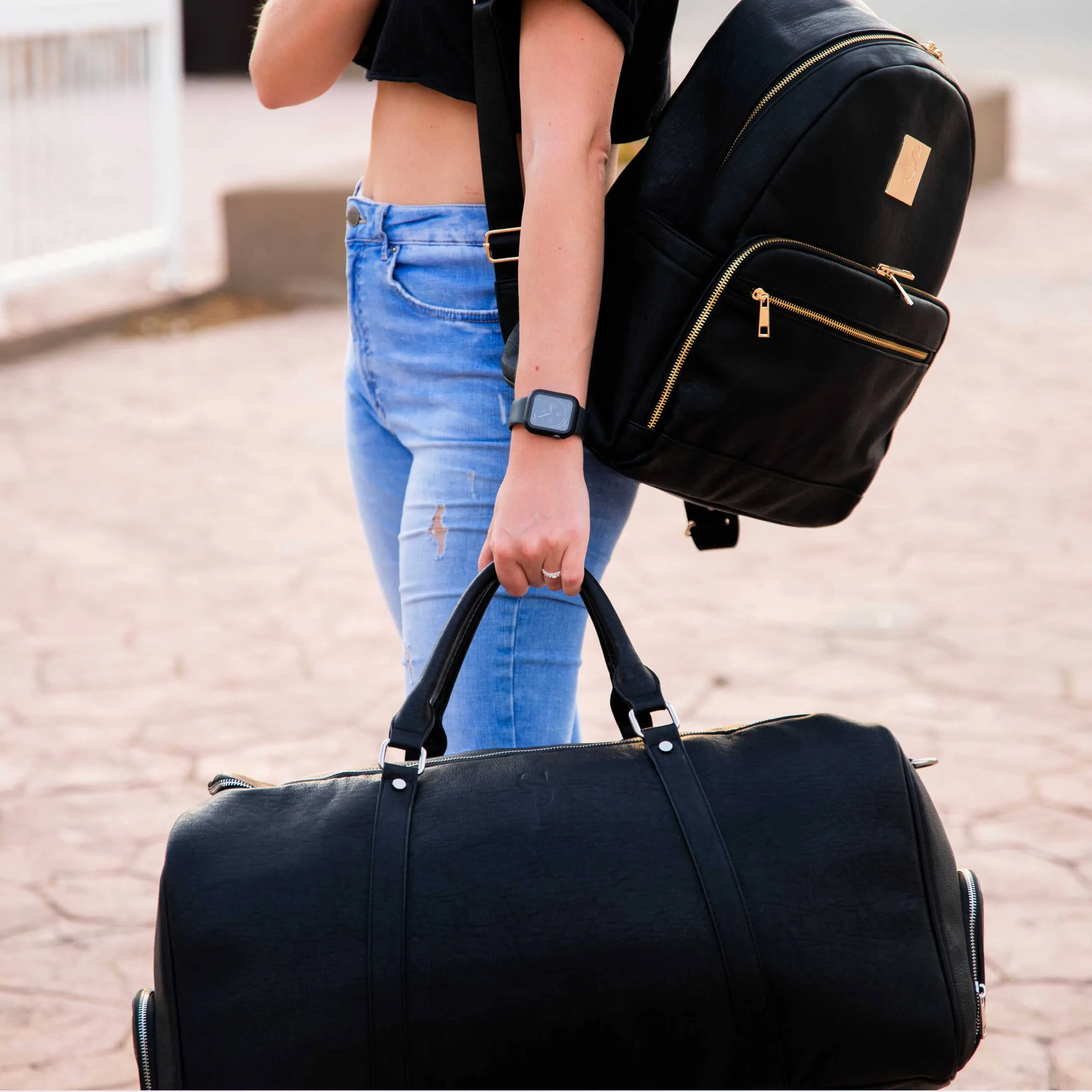 Black Tumbled Leather Carrier and Duffle Set