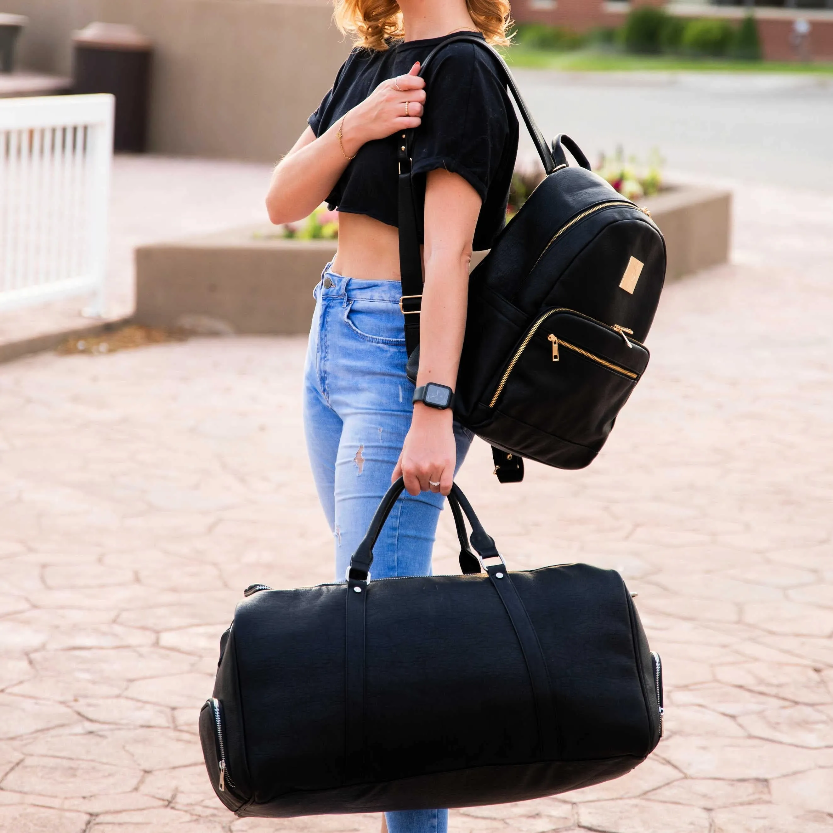 Black Tumbled Leather Carrier and Duffle Set