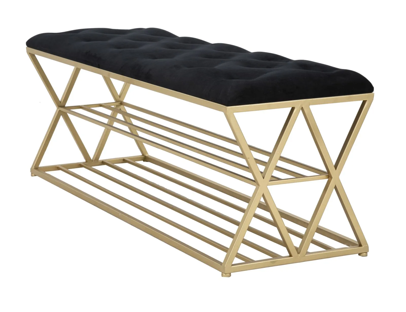 Black Velvet Bench with Golden Metal Stand & Shoe Shelf