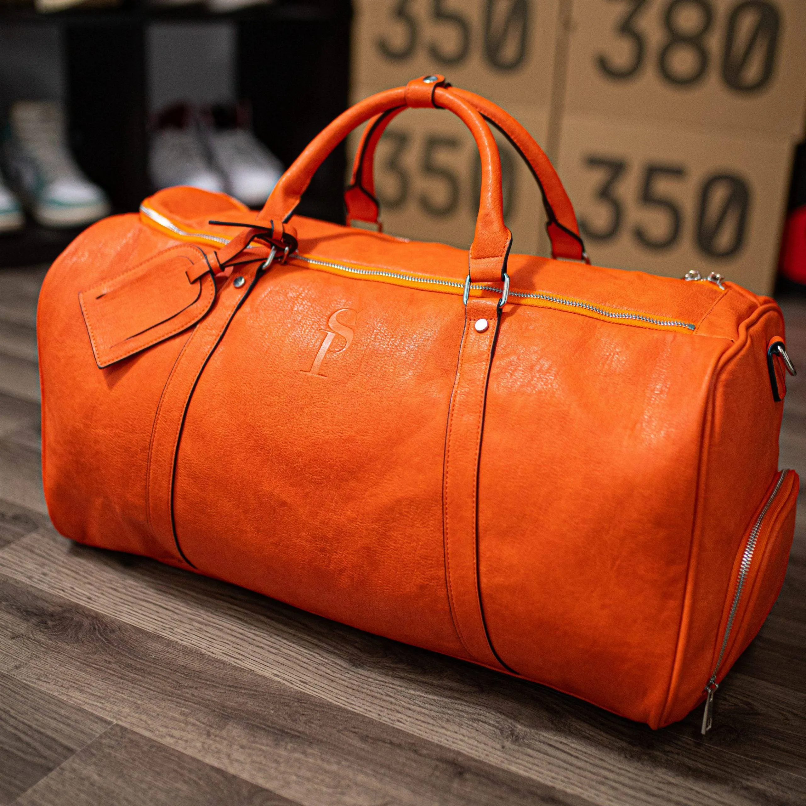 Orange Tumbled Leather Duffle Bag